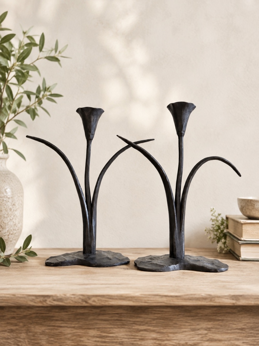 Vintage Hand Forged Iron Calla Lily Candlesticks Pair Brutalist Sculptural